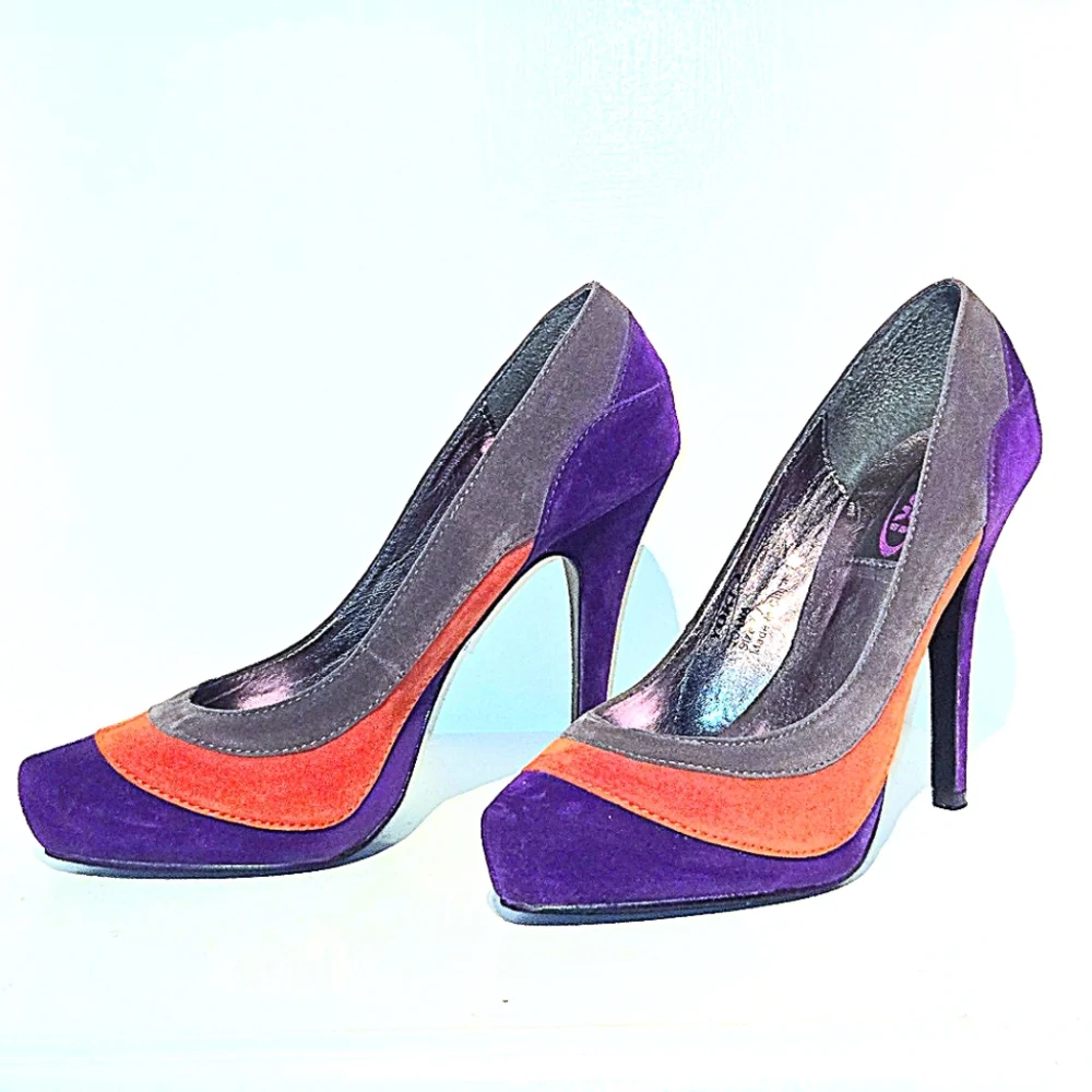 NWOT Colorblock Pumps Purple Orange & Gray Faux Suede, 4.5